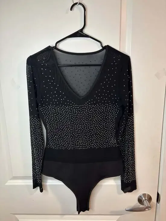 Talent Rhinestone Studded Mesh Long Sleeve Bodysuit in Black M/L - Picture 1 of 11